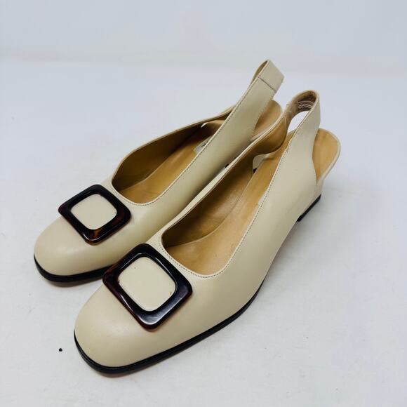 Vintage Ann Taylor Size 6.5 (Runs Small) Cream Slingback Shoes Square Buckle - Picture 1 of 14